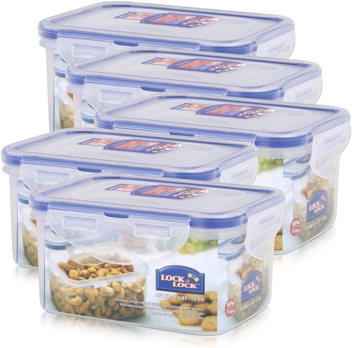 5 X Lock & Lock Stackable Airtight Container Rectangular 470ml - HPL807