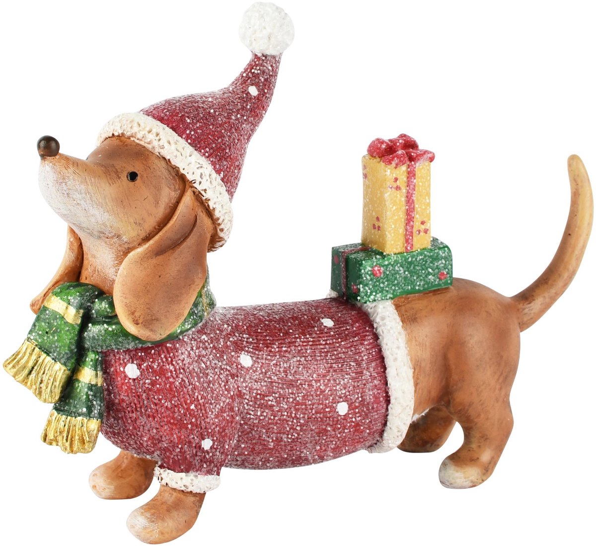 Dekoratief | Kersthond m/cadeautjes, rood/groen, resina, 18x5x14cm | A265121