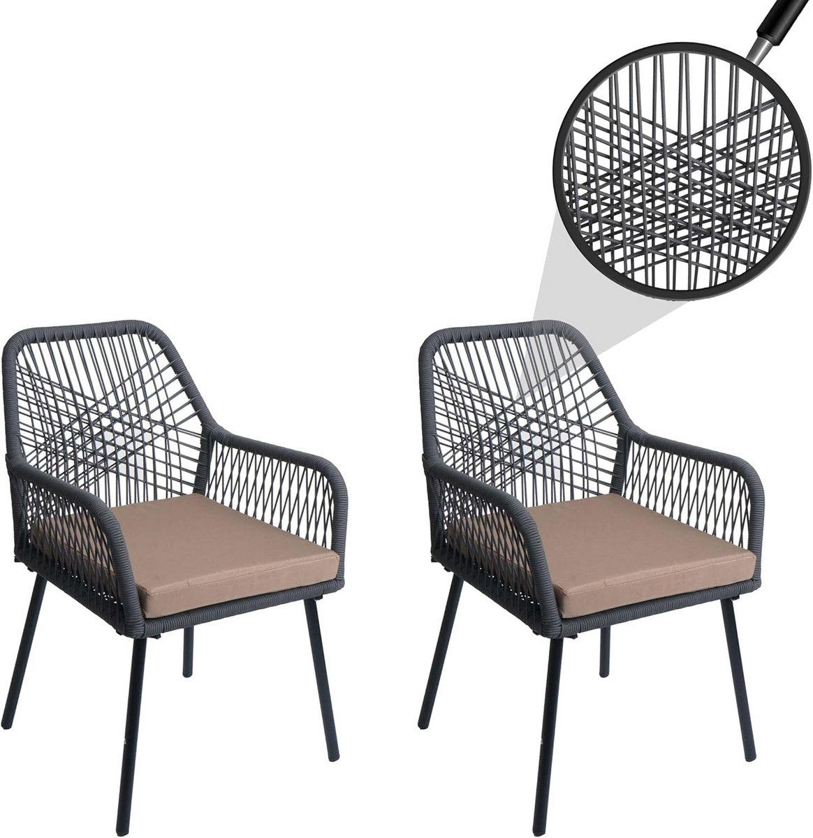 Set van 2 Tuinstoelen met Aluminium Frame en Touw, Inclusief Taupe Zitkussen