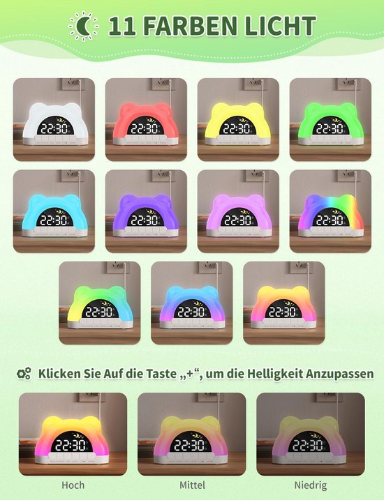 Digitale Kinderwekker met 11 Kleuren Nachtlampje en Dubbel Alarm — afbeelding 3