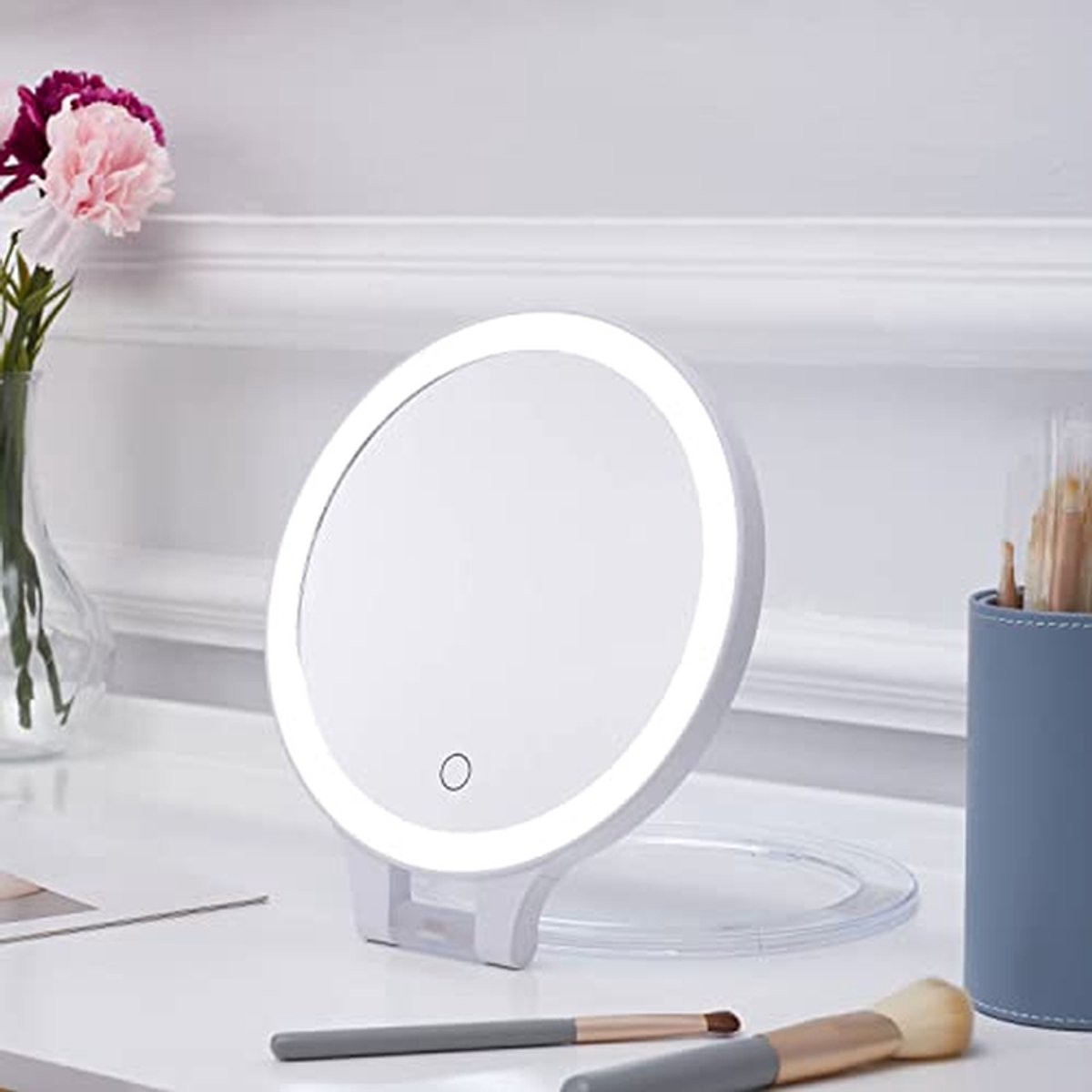 Opvouwbare Dubbelzijdige Tafelspiegel met Verlichting - 10x en 1x Vergrotingsfuncties voor Make-up en Reizen