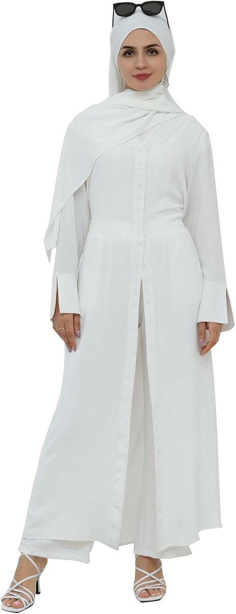 Tweedelige Abaya Set met Mouwen en Broek voor Dames - Effen Kleur Islamitische Kleding