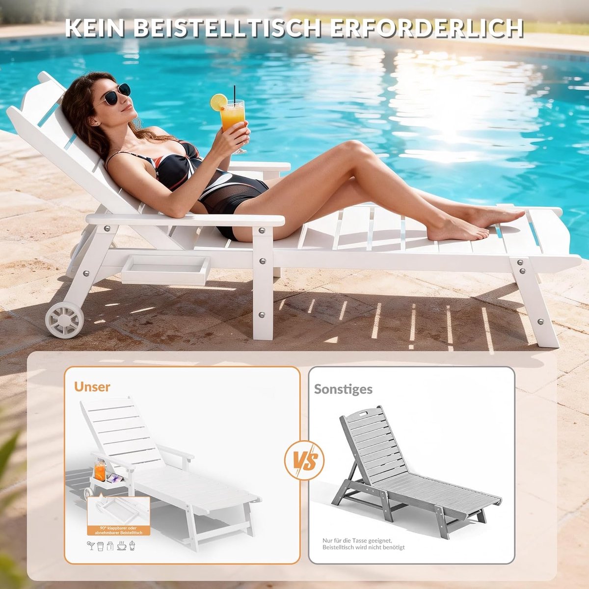 Ligstoel met Wielen 194 x 62 x 95 cm - Verstelbare Tuinligstoel met Uitklapbaar Zijtafeltje, Weerbestendig HIPS Materiaal, Verstelbare Rugleuning, Ligbed voor Zwembad, Terras, Tuin en Strand - 2 Stuks Wit - Mobili Bella