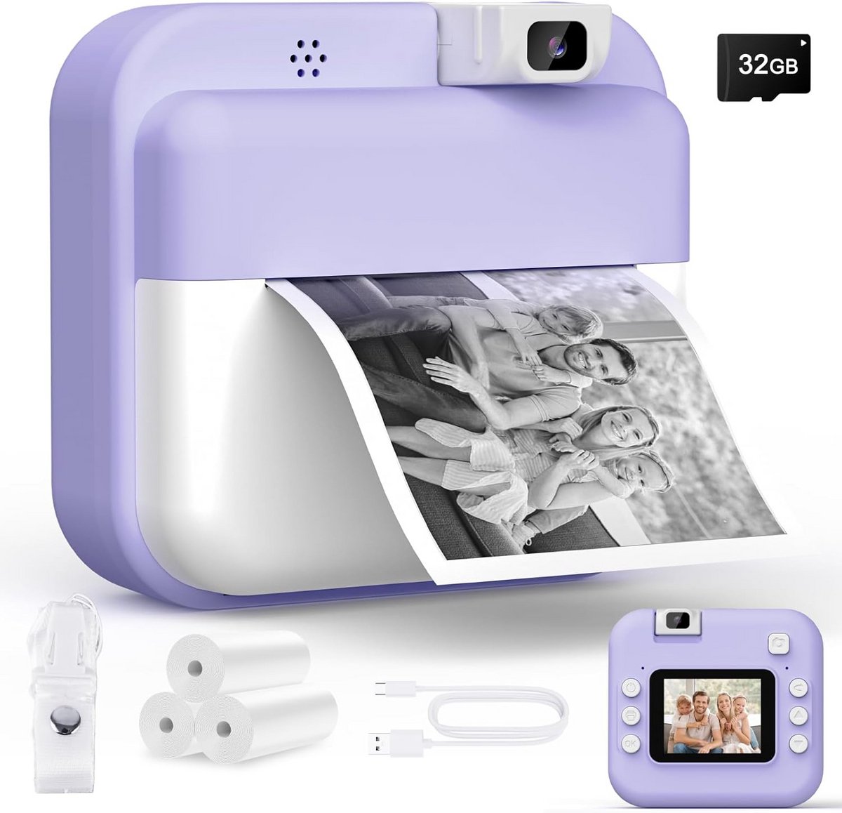 Digitale Kindercamera 48MP HD met 32GB Kaart en Fotopapier - 1080p Instant Camera voor Jongens en Meisjes (3-12 jaar)