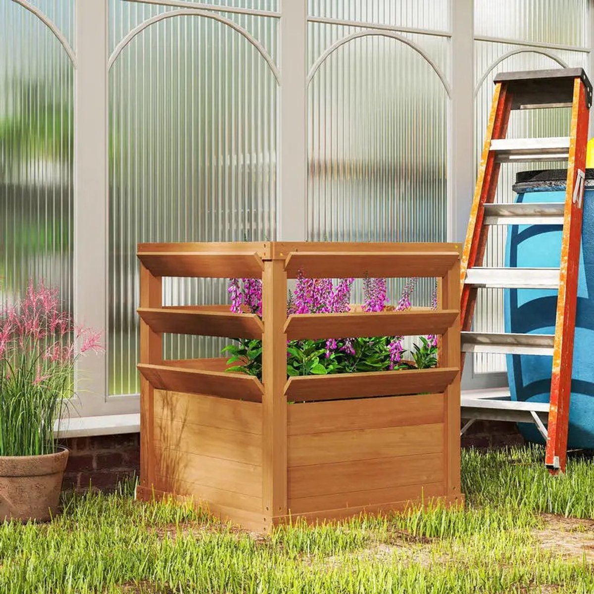 JRG Houten Verhoogde Plantenbak met Klimrek - Bloembak met Trellis voor Bloemen, Kruiden en Groenten - 65x65x60 cm - Bruin - Tuin en Balkon