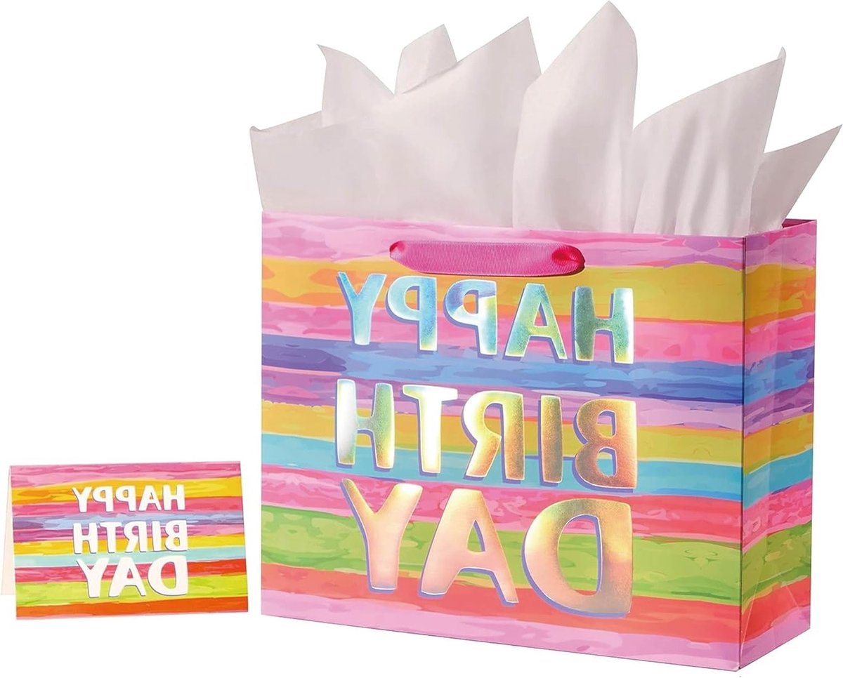 Grote Verjaardagscadeauzak van 13 inch met Cadeaupapier en Wenskaart – Kleurrijke Gift Bag voor Kinderen, Vrouwen en Moeders