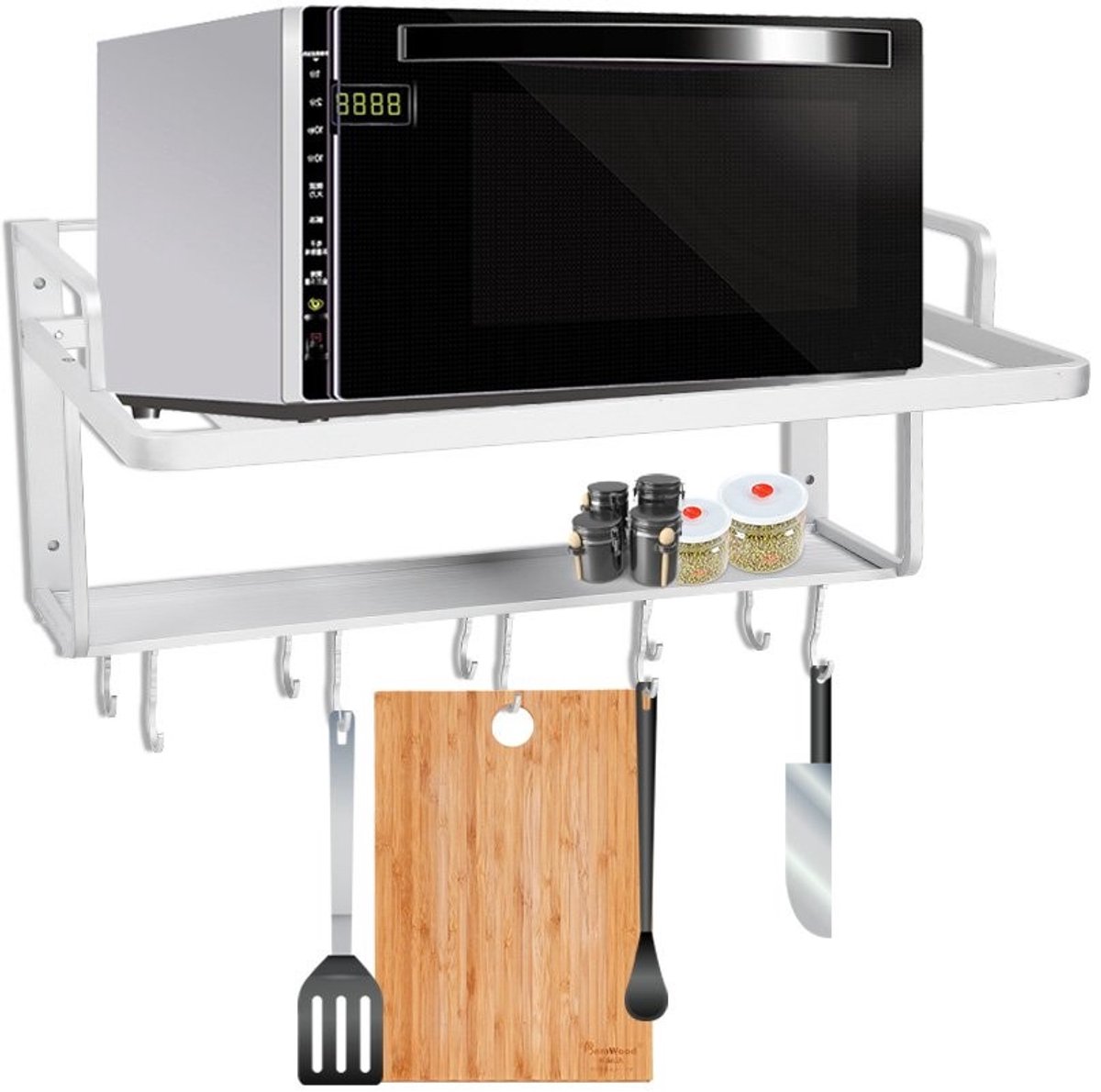 MTTproducts- Magnetronhouder wandmontage - Aluminium - 2 Etages - Opbergorganizer met 10 Haken - 55 x 38,5 x 25 cm - Gloednieuw - Keukenrek