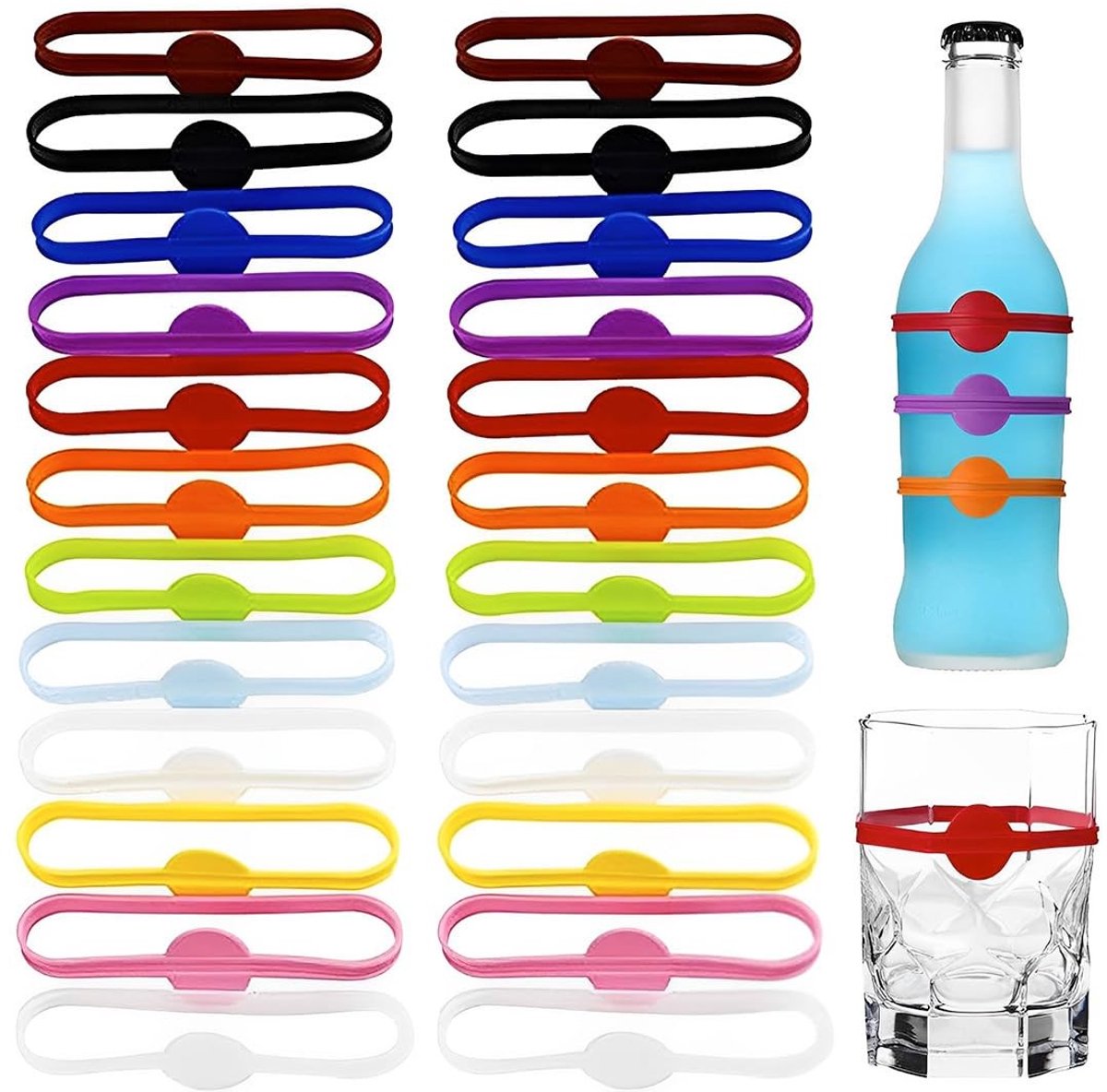 MTTproducts- Glasmarkers 24 Stuks - Siliconen Stiften - Herbruikbaar - Voor Wijnglas/Beker/Cocktail - Elastisch - Afwasbaar - Drankmarkers