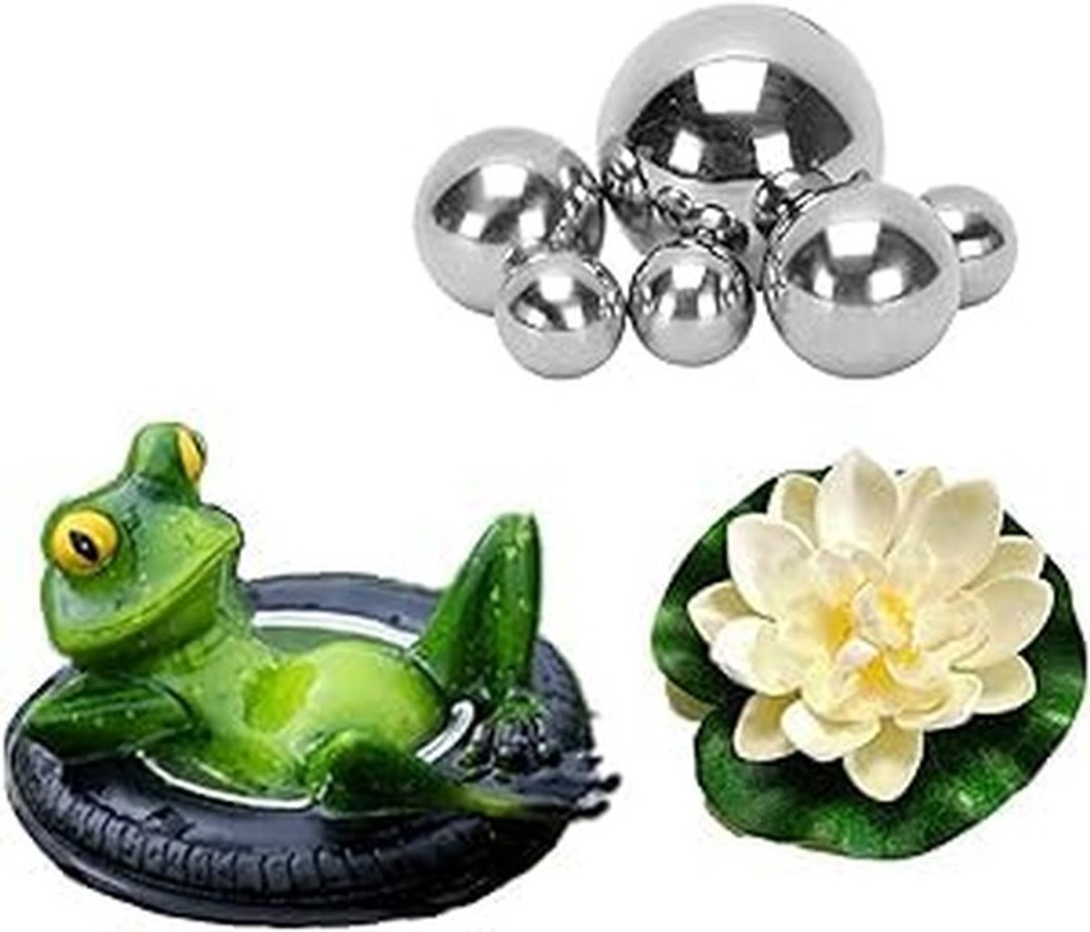 MTTproducts- Vijverdecoratie set zwemdieren - 6 zilveren ballen - lotusbloem - mini-vijver - terrasvijver - zinkbakken op zonne-energie - Tuindecoratie