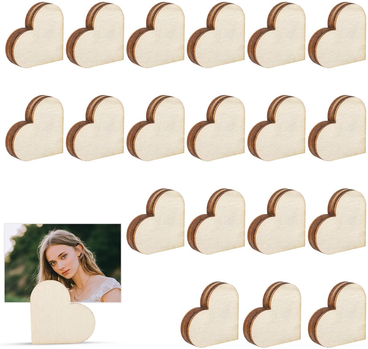 MTTproducts- Fotostandaard Houten Hartvormig - 20 Stuks - Tafelnummerhouders - Plaatskaartklemmen - Bruiloften/Feesten - Inclusief Plakstippen - Plaatskaarthouder