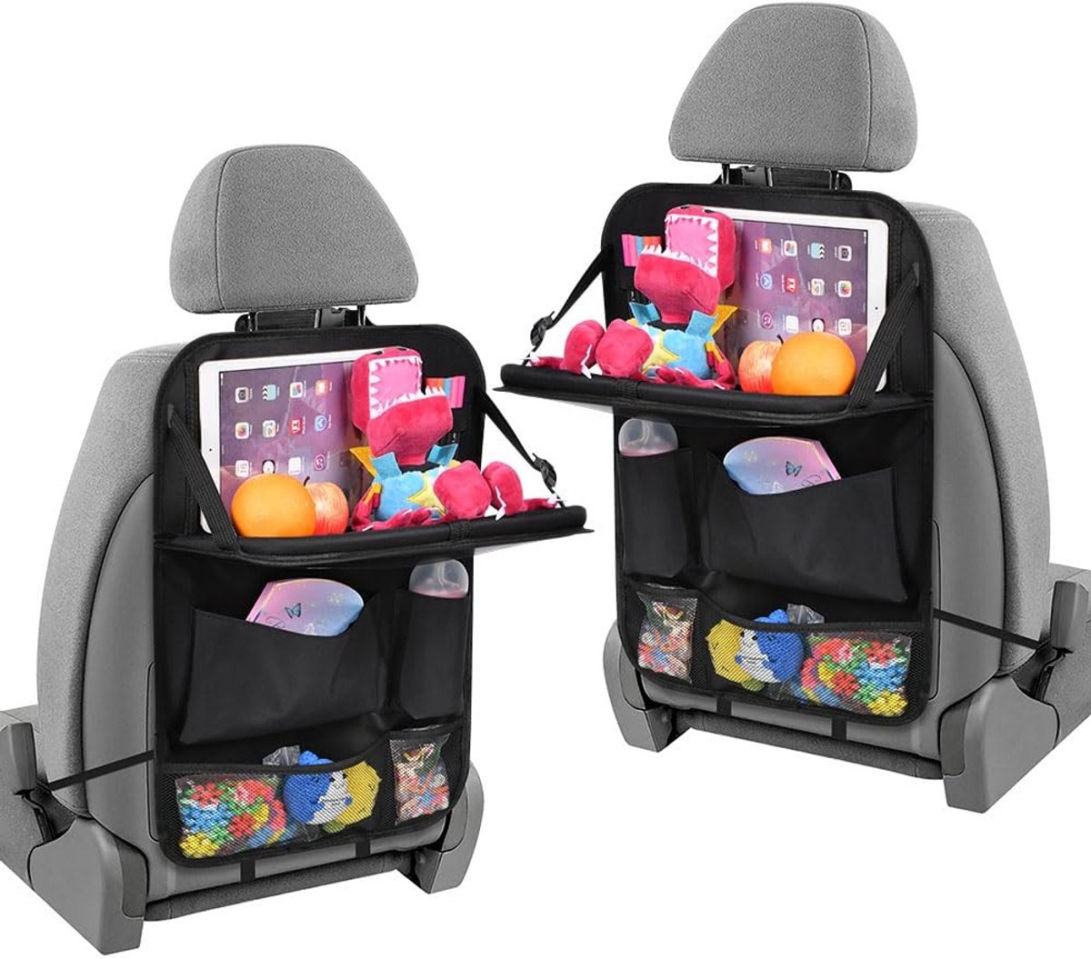 MTTproducts- Autostoel Organizer 2-Pack - 6 Opbergcompartimenten - Opvouwbare Tafel - Tablet Houder - Auto Organizer - Reistafel - Lichtgewicht en Verstelbaar - Autostoel Opbergzak