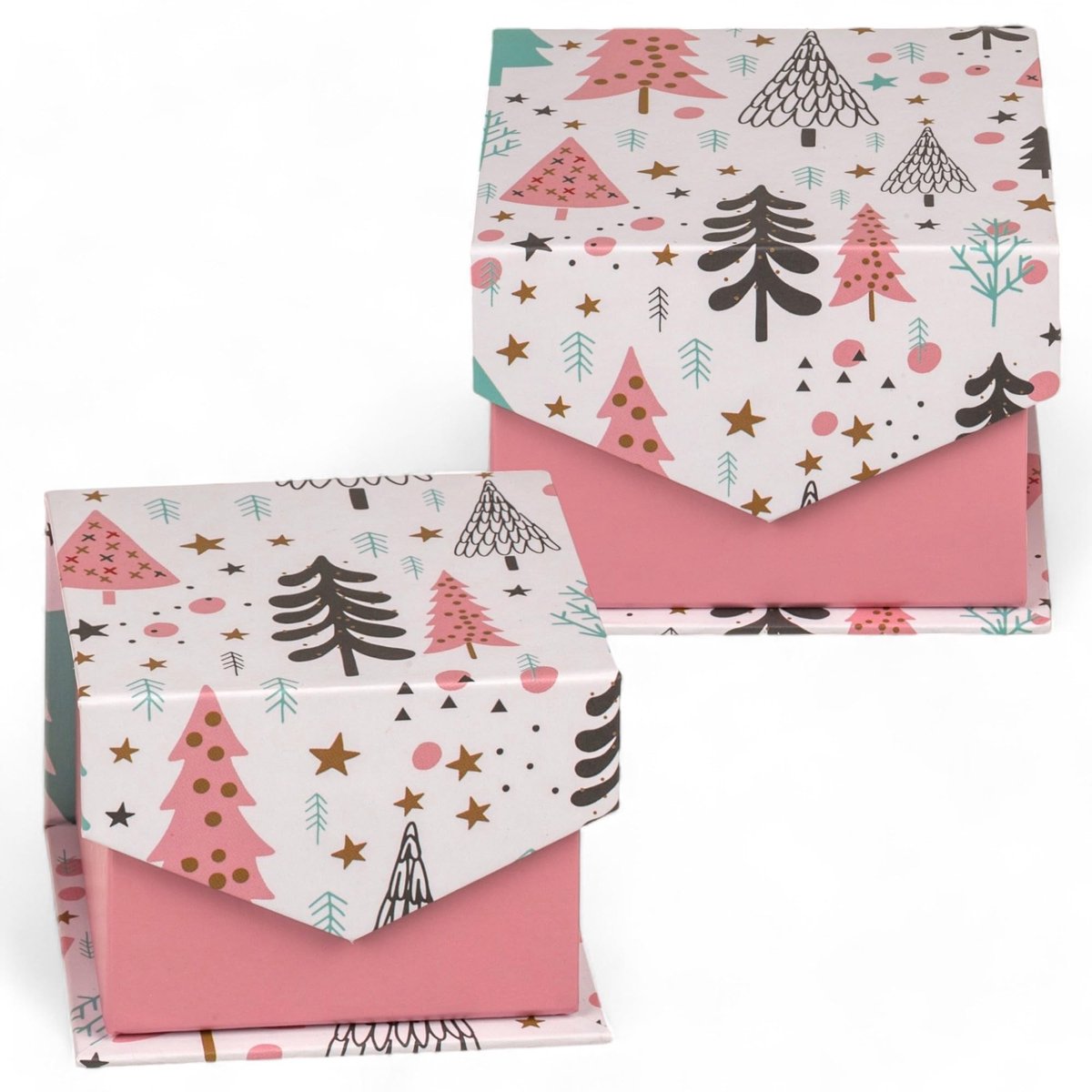 MTTproducts- Geschenkdozen met deksel - 2-delige set - Opklapbaar - Dennendesign - Roze/mint - 11 x 10,8 x 8,6 cm / 8 x 7,9 x 6,1 cm - Cadeaudozen