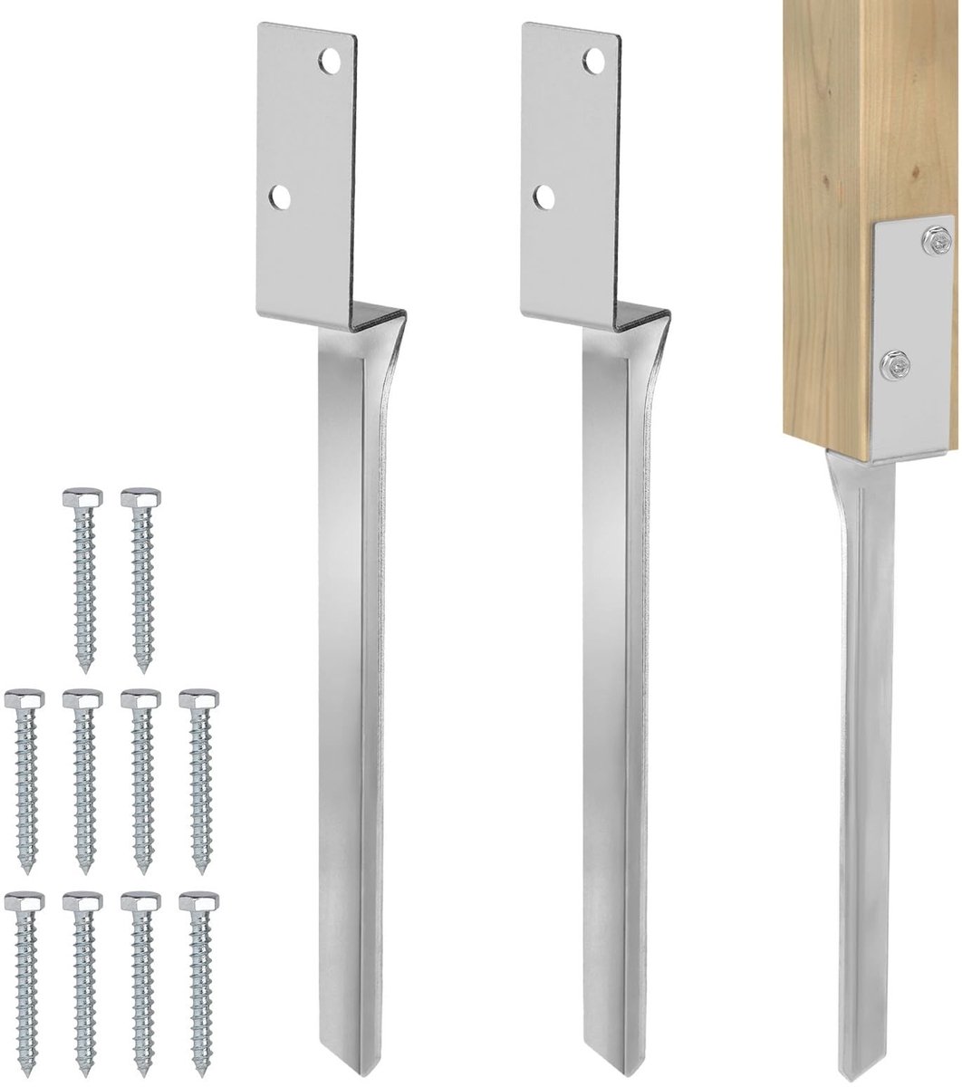 MTTproducts- Grondankers - Set van 2 - Thermisch verzinkt staal - Bodemhuls 4 x 50 cm - L-vorm - Geschikt voor houten palen - Weerbestendig - Paalankers