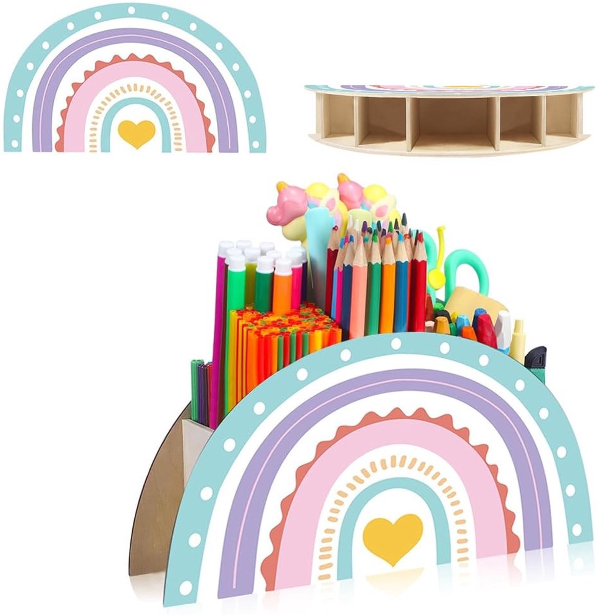 MTTproducts- Pennenhouder - Houten - Regenboog Design - Bureau Organizer - 5 Vakken - Duurzaam en Kindvriendelijk