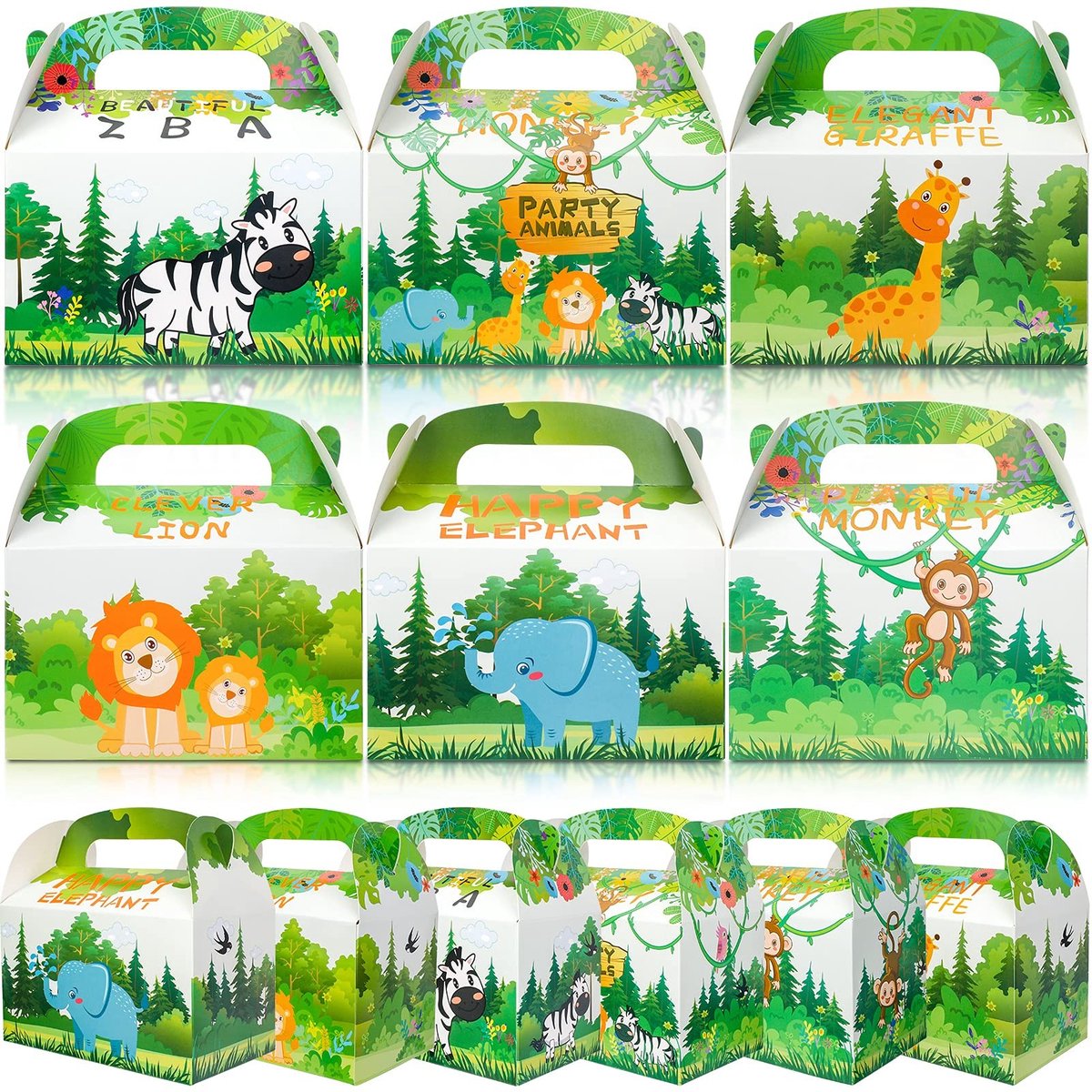 MTTproducts- Voedseldozen Dierenthema - 12 Stuks - Kartonnen Lunchboxen - Feestverpakking - Baby Douche - Verjaardagspartij - Afmetingen 16x9,5x9,5 cm - Traktatiedozen