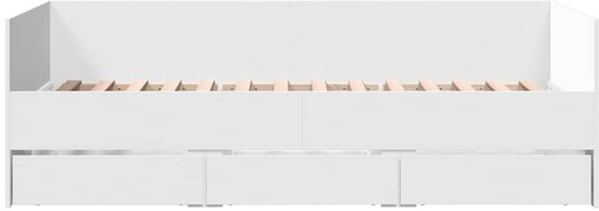 Witte slaapbank met drie lades, houten lattenbodem.