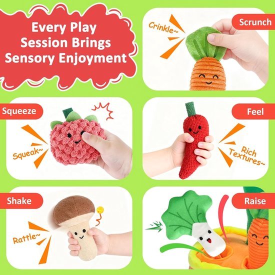 Baby Puzzel Speelgoed - Fruit En Groente Boerderij Pluisje Speelgoed Set - Sensorische Educatieve Speelgoed - Met Geluid - Baby Speelgoed Voor 6-12 Maanden (Groente) — afbeelding 4