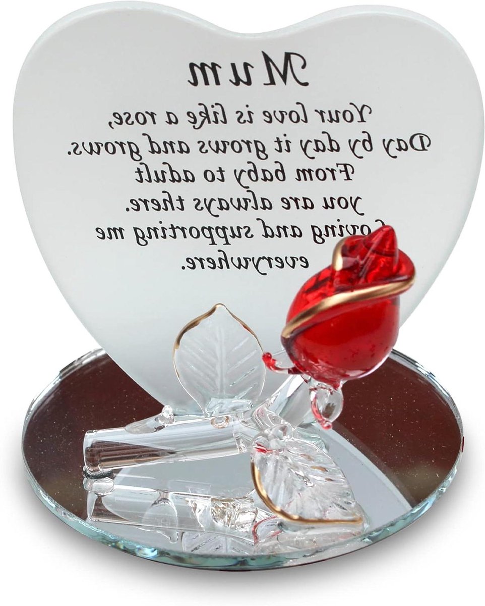 Gedicht Rose Hart Plaque - Moeder Herdenking - Cadeau Geven - Met Glazen Roos - 8x8x8 cm - Transparant