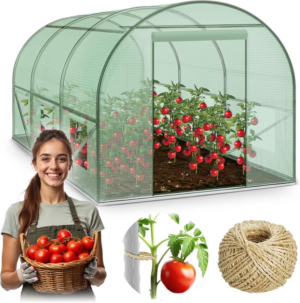 Folietunnel Broeikas - Kweekkas Plantentunnel - Planten Beschermen - Met Muggennet Venster - 2 x 3.5 x 2 m - Groen