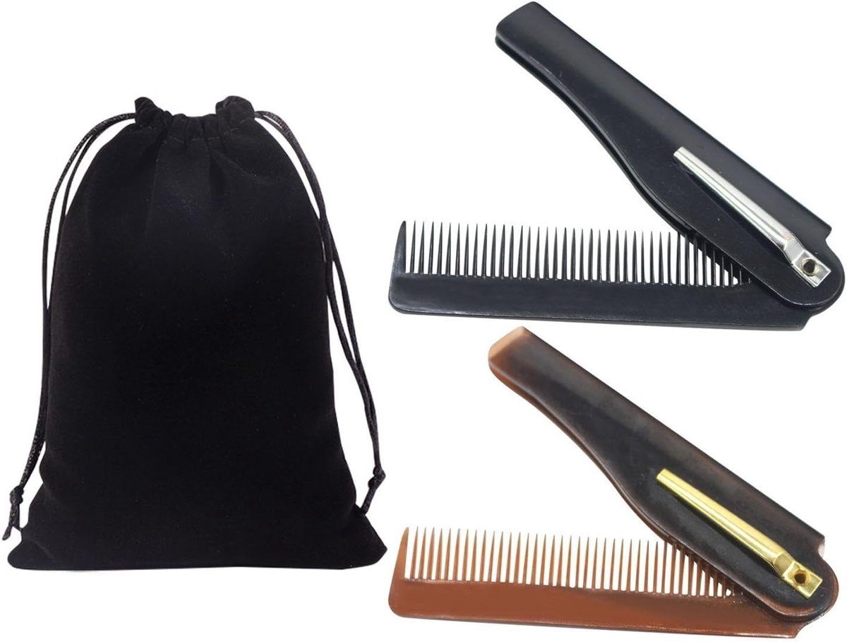 Set van 2 opvouwbare kammen met een luxe fluwelen pouch, fijne tanden kam voor mannen, draagbare haarstyling tool voor onderweg.