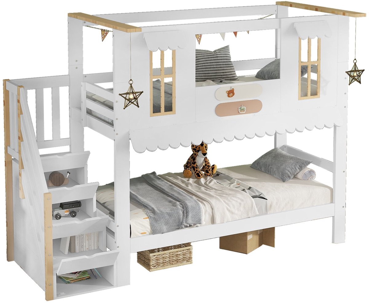 Merax Stapelbed voor Kinderen 90x200 cm - Bed in Huisvorm met Opbergruimte en Houten Lattenbodem - Wit en hout Bruin