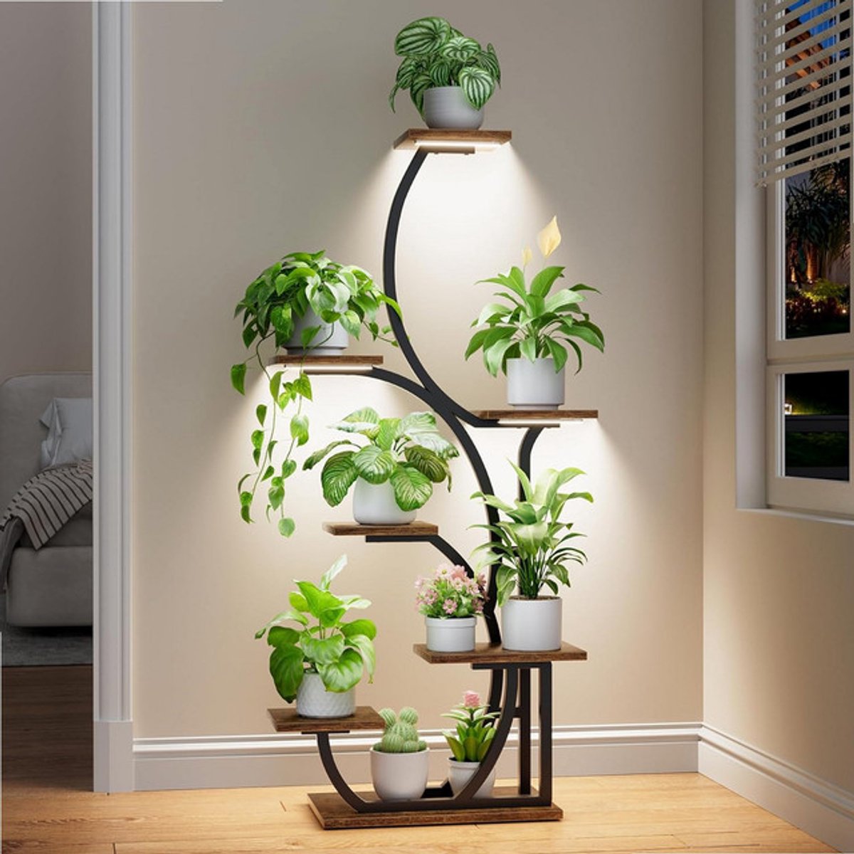 Sierra, voor binnen met kweeklampen - Verlichte plantenplank voor binnen, 144,8 cm, 7 niveaus hoekplantenstandaards voor binnenkweek, hoge bloemendisplayplanken, metalen S-vormige houder voor