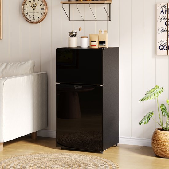 Mini koelkast 60L met vriesvak 22L, glazen deur, LED verlichting, stil, energiezuinig, temperatuurregelaar, zwart