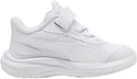 Witte kindersportschoen van Puma met klittenbandsluiting, veters en gestreept logo op de zijkant.