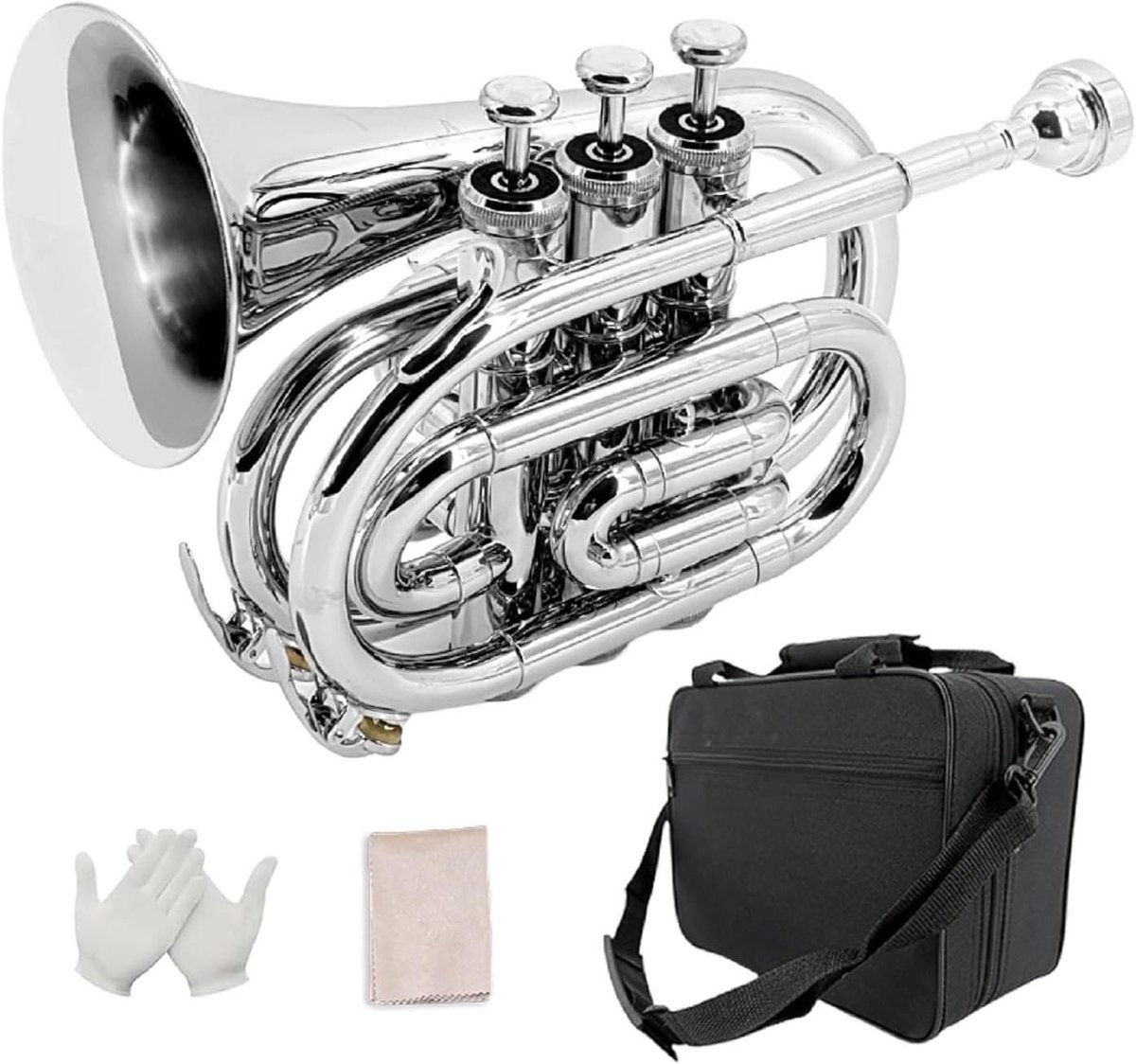 Pocket Trompet - Bb Koperblaas - Muziek Leren - Inclusief Accessoires - 22.86 x 12.7 cm - Zilver