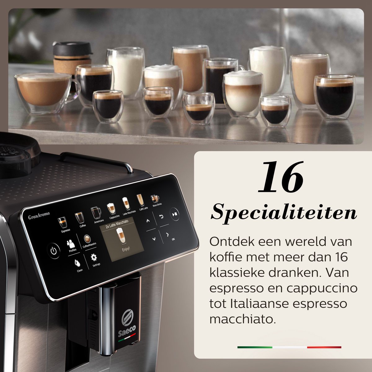 Saeco GranAroma SM6585/00 - Espressomachine - 16 Dranken met melksysteem - Volautomatisch - Koffiemachine met bonen + AquaClean filter - Metaal/Zwart — afbeelding 3