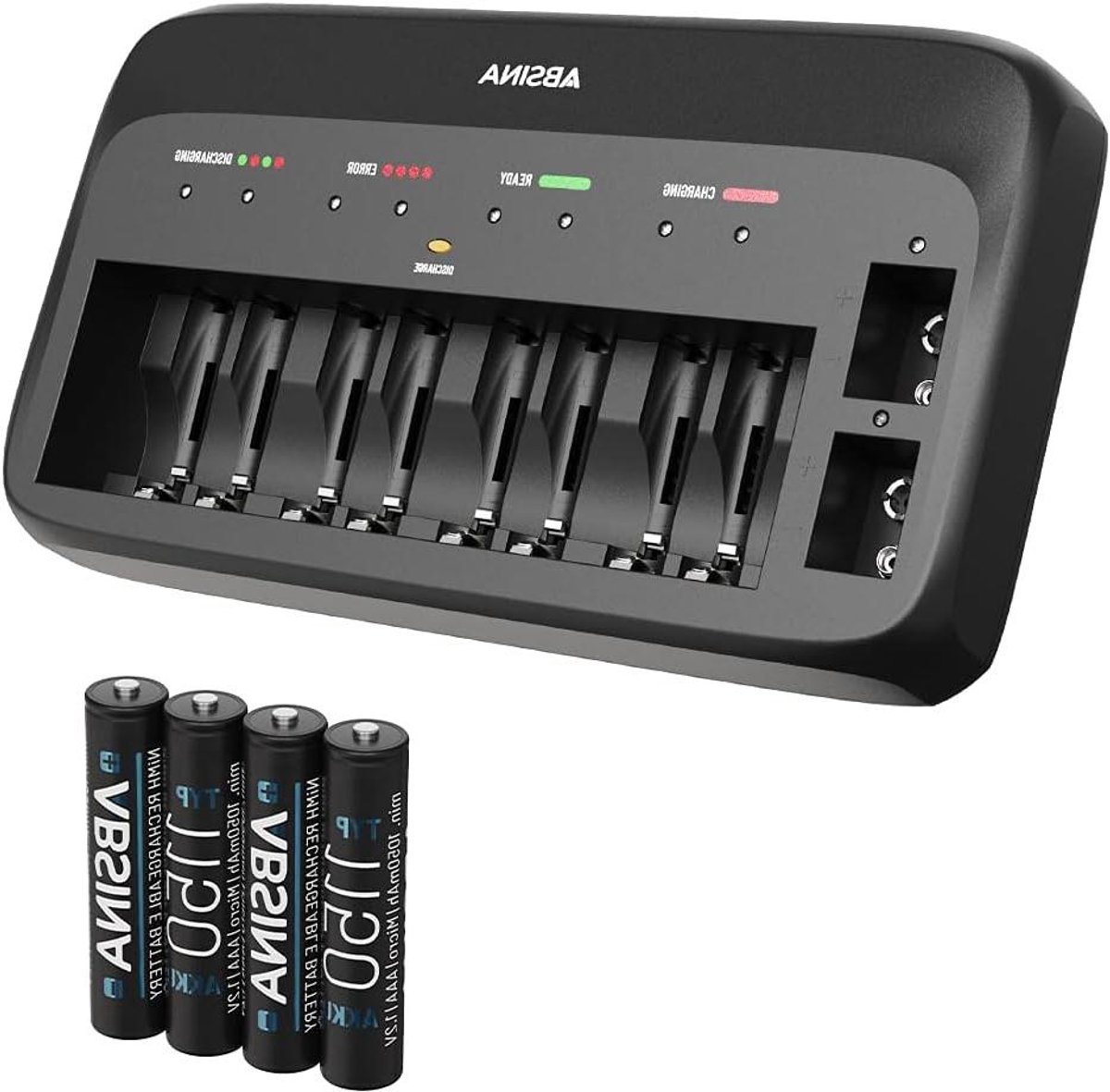 Batterijlader - Universele Lader - Batterijen Opladen - 10 Slots - Incl. 4x AAA - Zwart