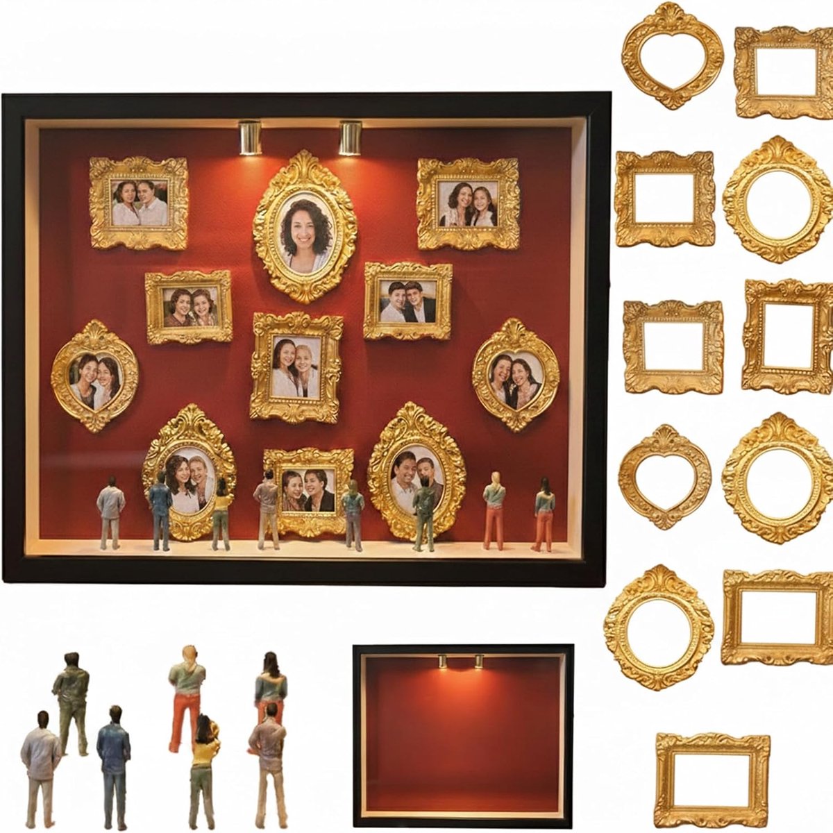 DIY Set - Mini Museum Silhouette Doos - 8 Figuren en 11 Lijsten - Creatief 3D Display Kit - Voor Huwelijken en Feesten - Natuurhout en Goud
