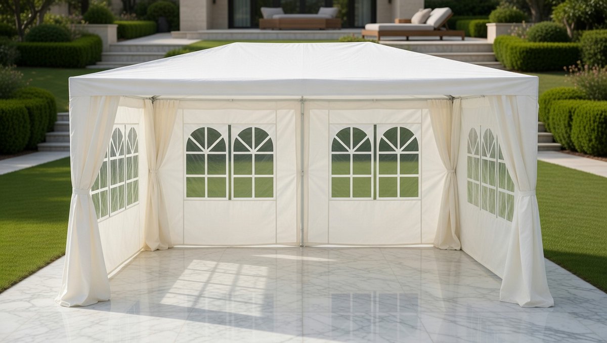Partytent 3x6 Meter Waterdicht met Zijwanden en Ramen – Luxe Feesttent voor 70 Personen – Stevig Stalen Frame – Tuintent / Paviljoen voor Tuinfeest, Bruiloft & Evenementen | MedaHomeStore