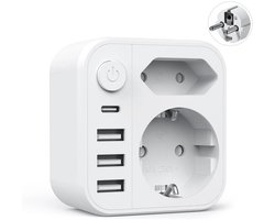 GELLDG 6-in-1 Stekkerblok - Multiprise met 2 USB-A & USB-C Poorten - 4000W/16A met Schakelaar - Multifunctioneel Adapterblok van Duits naar Europees Standaard - Geschikt voor Thuis/Kantoor/Reizen - Kunststof Behuizing