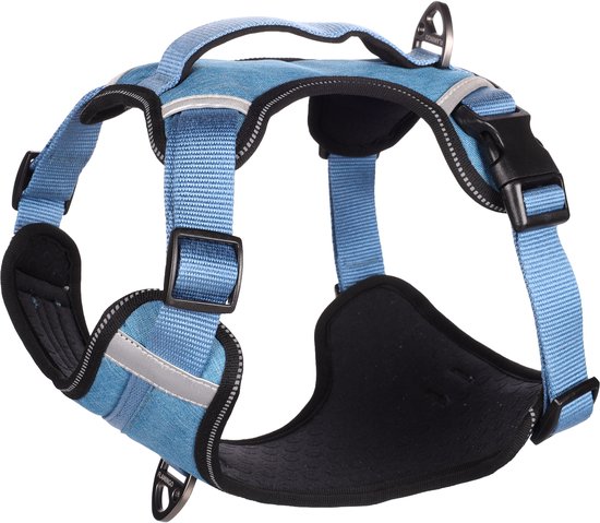 Blauw honden tuigje met reflecterende details en zwarte gespen.