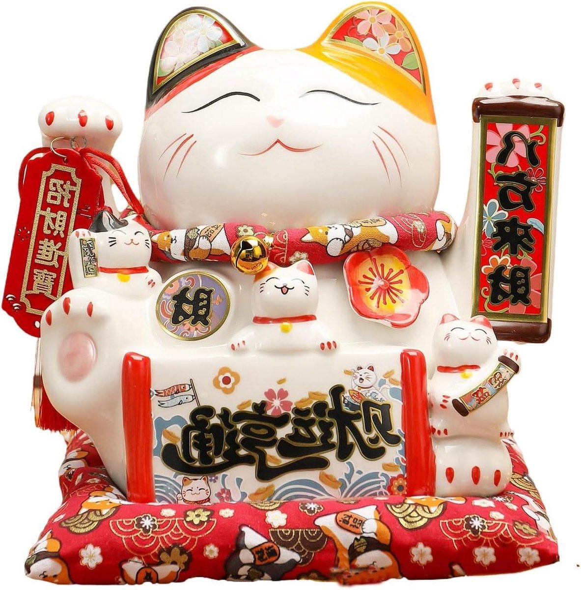 Gelukskat Spaarpot - Maneki Neko - Geld Besparen - Keramiek Onderglazuur - 17 x 24 cm - Wit