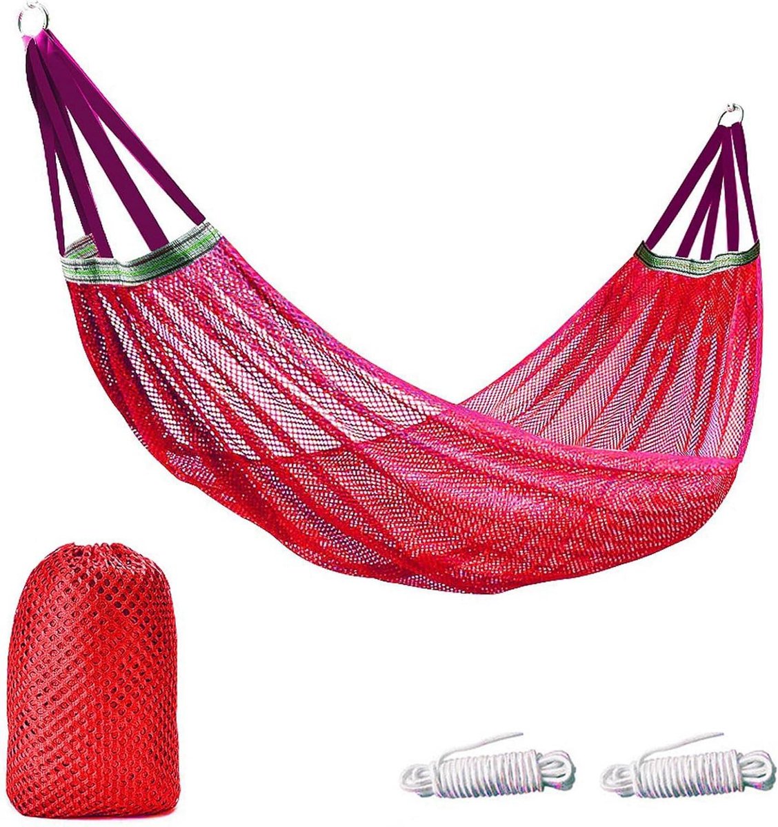 Draagbare Hangmat - Nylon Hangmat Kamperen - Ontspannen Buiten - Ademend Netontwerp - 260 x 130 cm - Rood