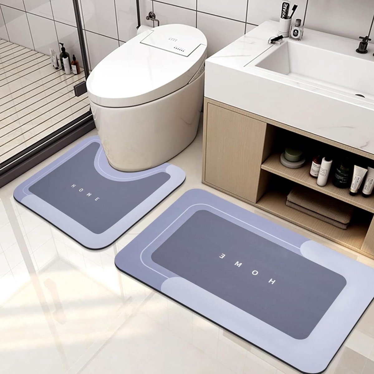 Badmat Set - Vloertapijt Douche - Badkamer Vocht Absorberen - Sneldrogende Diatomeeënaarde - 2 Stuks 50x60cm - Blauw
