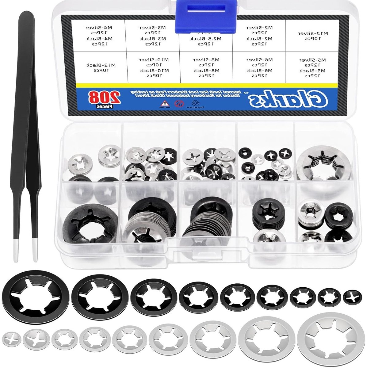 209 Stuks Intern Tand Ster Lock Washers en RVS Snelsluiting Washers Set met 9 Maten en Pincet voor Betrouwbare Bevestiging