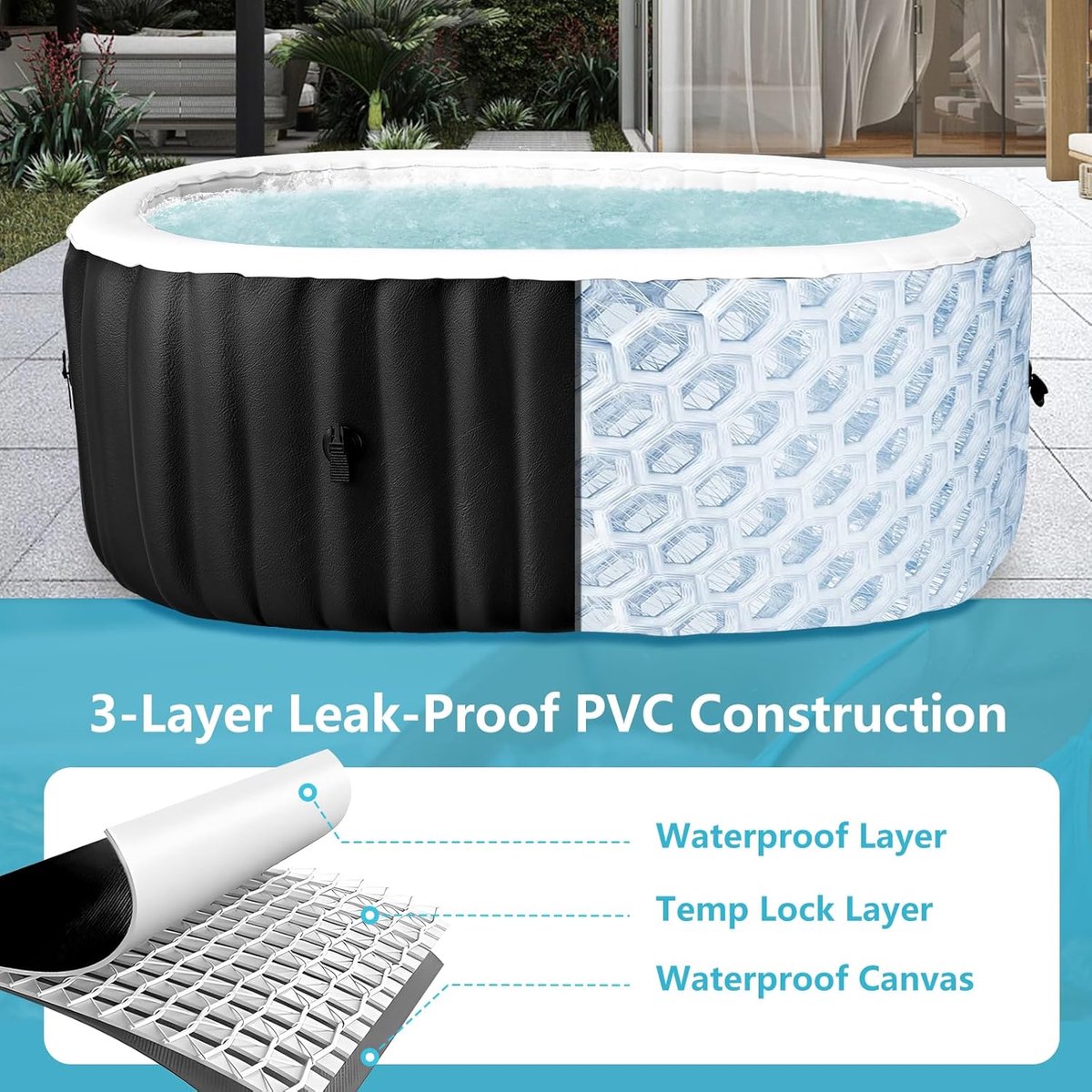 Opblaasbare Jacuzzi 2 Personen 190x120x63,5 cm – ABTkantoor Compact Luxe Hot Tub Spa – 120 AirJets, 1350W Verwarming, Thermische Cover, Binnen & Buiten Whirlpool voor 2 Personen