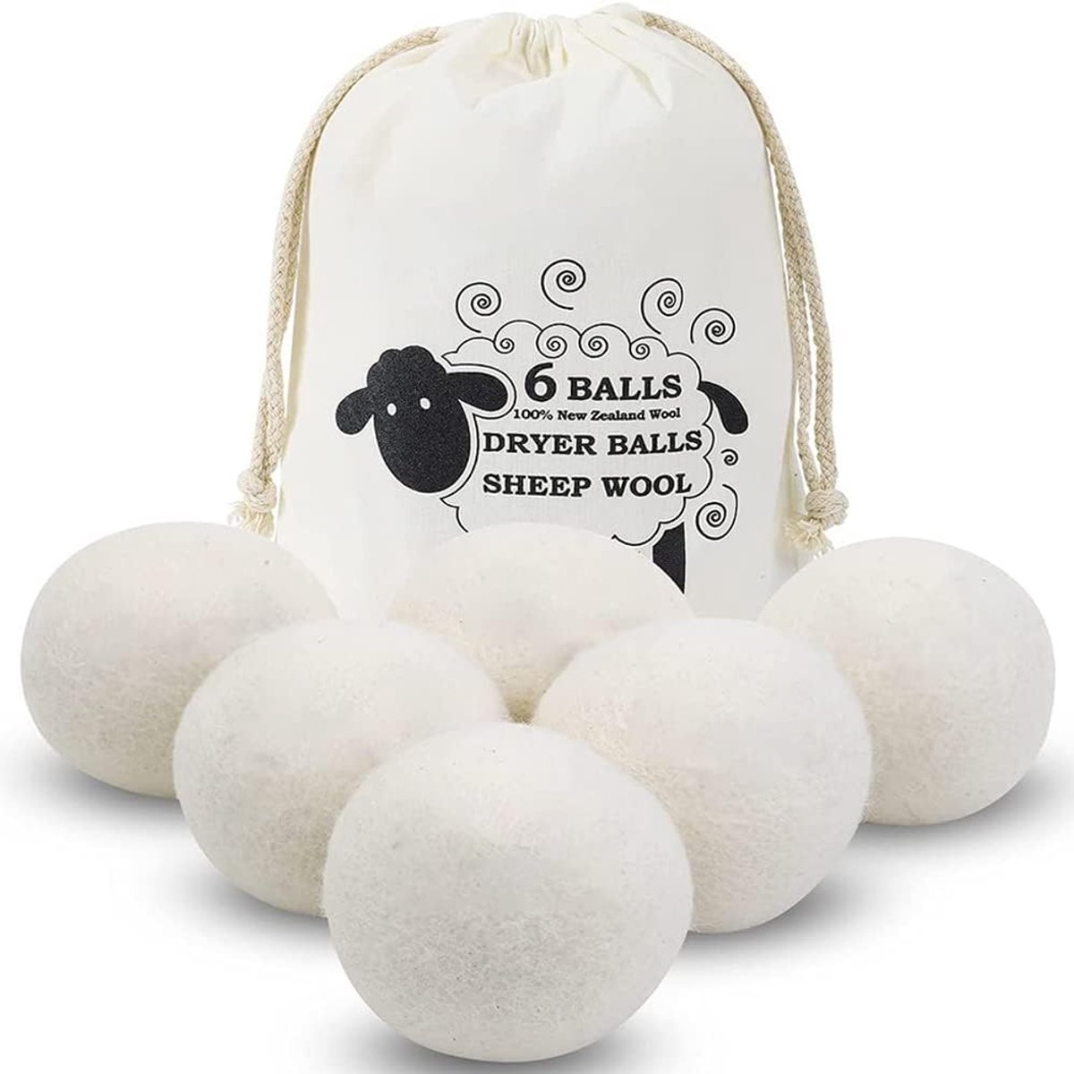 Wool Dry Drogerballen - Droogballen - Wasbollen - Beige - 6 stuks - Antistatisch, Natuurlijke Wasverzachter - Wit - Herbruikbare Wasdrogerballen - Wasballen - Wasdrogerballen - Duurzaam Drogen - Inclusief Opbergzakje
