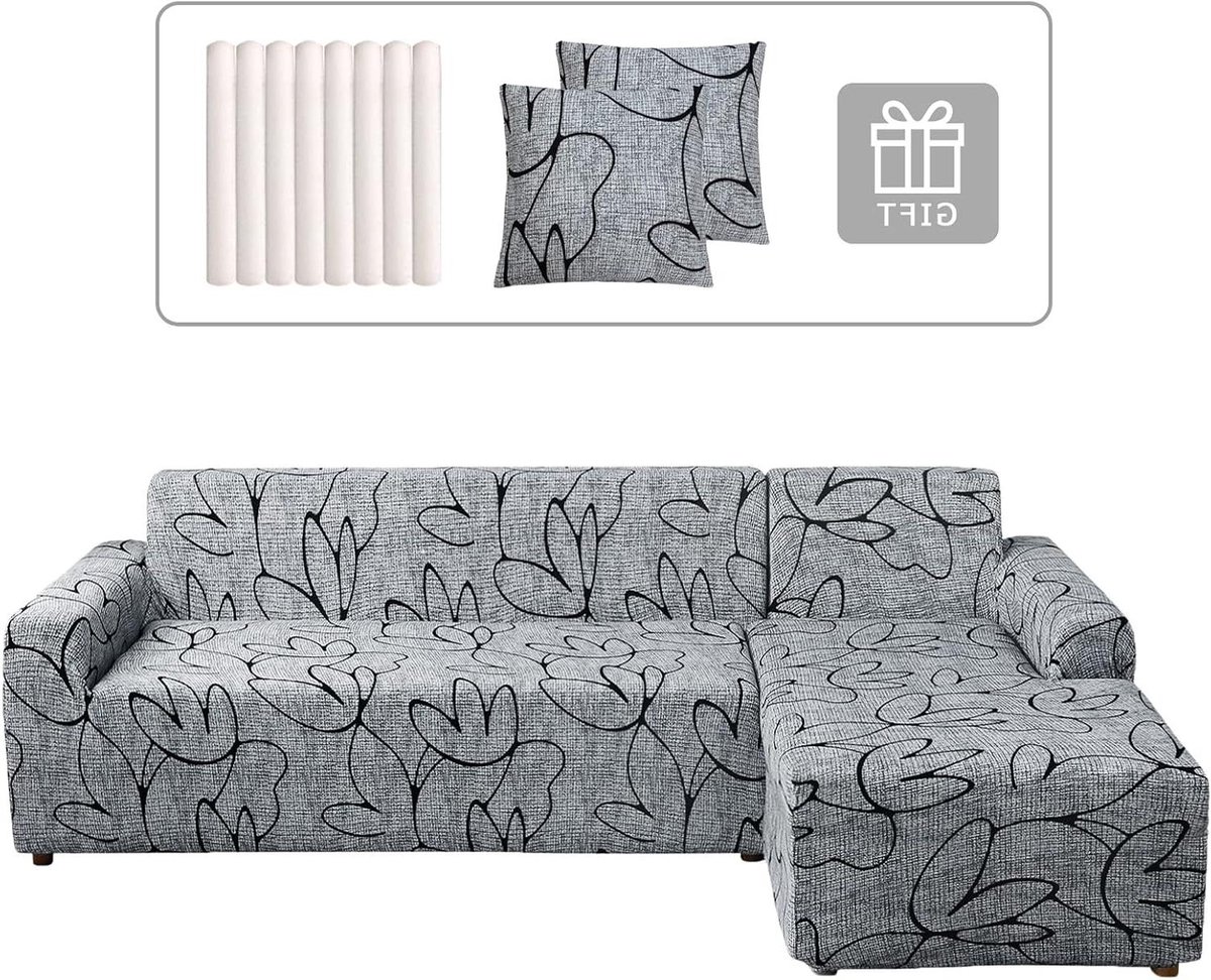 Bankhoes Bank met Schiereiland - L-vorm Sofahoes - Bank Beschermen - Tweedelig Ontwerp - Universeel - Grijze Bloem