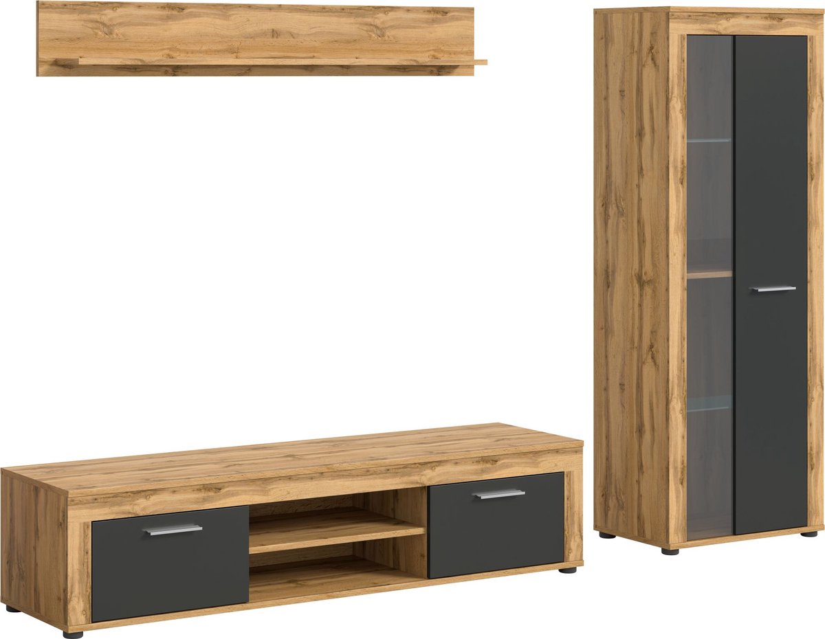 Jam wandkast J7 systeem grijs, eiken decor.