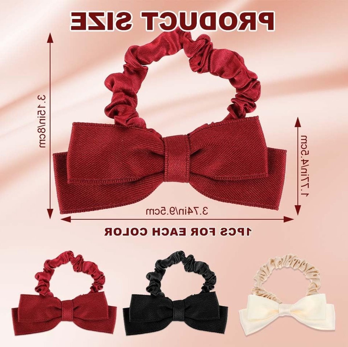 Elegante Set van 3 Zijde Haarstrikken in Rood, Zwart en Beige - Perfect voor Meisjes en Vrouwen, Inclusief Scrunchie en Elastische Haartjesbanden