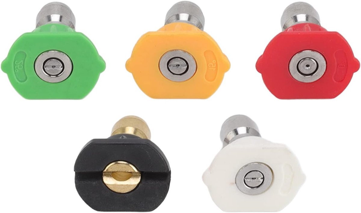 Hoogdrukspuitmondstukken met Meerdere Hoekstanden, 1/4 Inch, 5 Stuks voor Snel Aansluiten, Ideaal voor Tuinieren en Auto Wassen