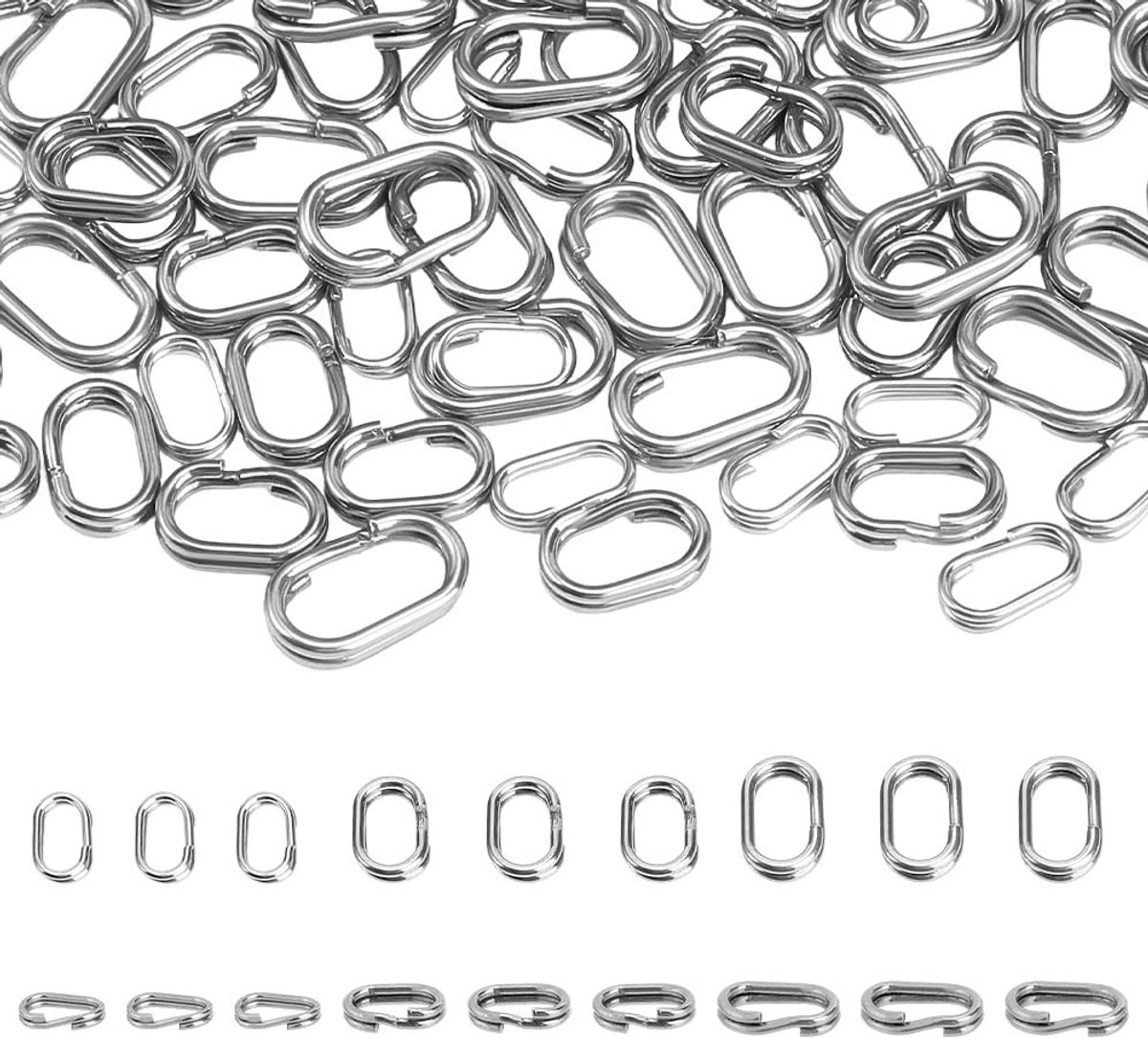 150 Stuks Dubbele Springringen in 3 Maten, Roestvrij Stalen Ovalen Splitringen voor Sieraden, Sleutelhangers en Vissen - 7/8/10mm