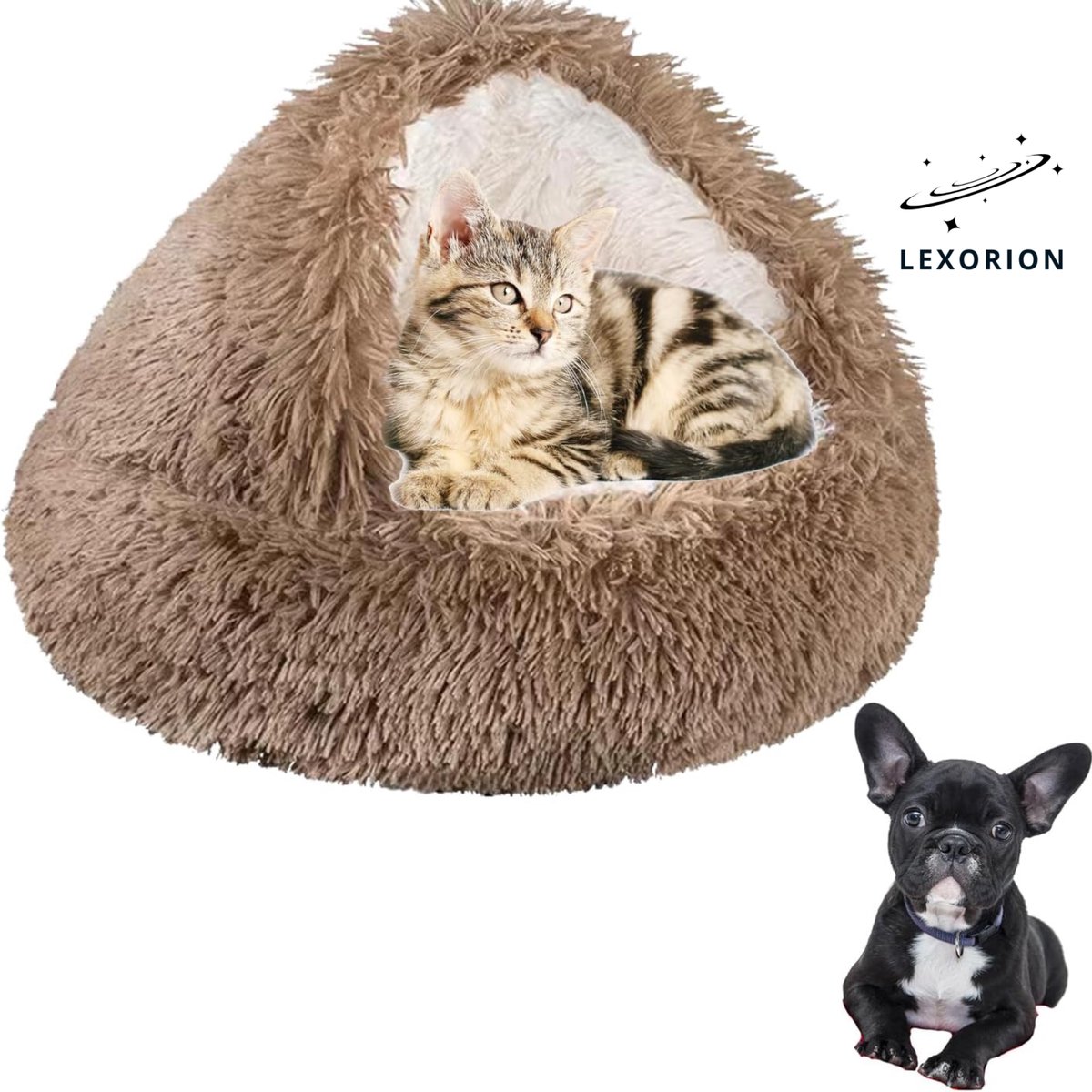 Kattenmand “Shell” Ø 50 cm – Luxe Pluche & Extra Gevuld – Comfortabel Halfgesloten Design – Antislip Bodem – Gradiënt Bruin