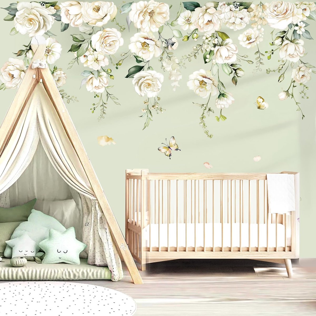 Brenzoos - Grote Witte Bloemen Muurstickers - Hangende Klimplant - Uniek Ontwerp - Multikleur - Decoratie voor Kinderkamer - Muurdecoratie