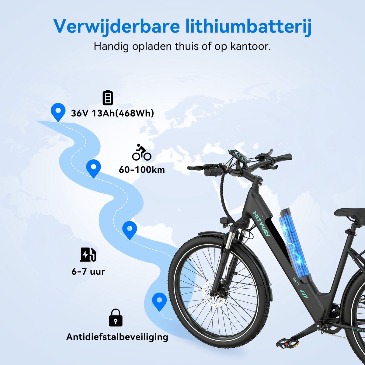 Hitway BK18S: 250W elektrische fiets met 60-100km bereik en app-bediening thumbnail 3