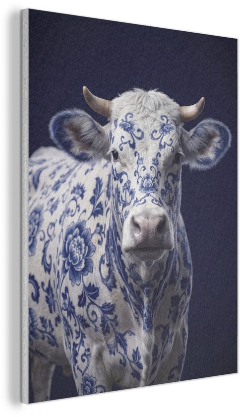 Akoestisch wandpaneel 30x40 cm - Vilt schilderij Koe - Delfts - Blauw - Artistiek - Akoestische panelen - Geluidsdempende wanddecoratie - Geluidsisolatie woonkamer - Muurdecoratie geluidspanelen